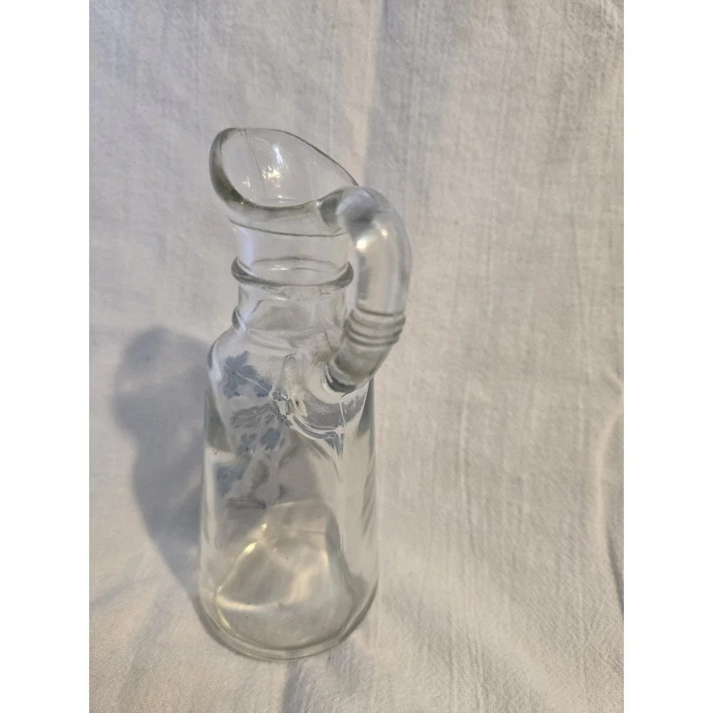 Vintage Farmhouse Glass Blue Floral Vinegar or Oil Cruet Syrup Pitcher‎ Small